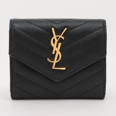 Saint Laurent Black Grained Leather Cassandre Matelasse Compact Trifold Wallet [Clearance Sale]