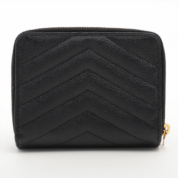 Saint Laurent Black Grained Leather Cassandre Matelasse Compact Zip Around Wallet [Clearance Sale]