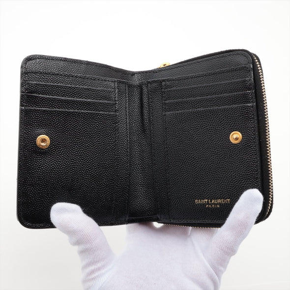 Saint Laurent Black Grained Leather Cassandre Matelasse Compact Zip Around Wallet [Clearance Sale]