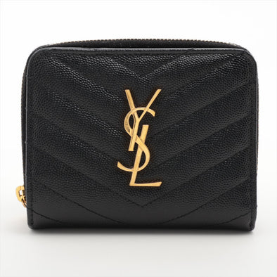 Saint Laurent Black Grained Leather Cassandre Matelasse Compact Zip Around Wallet [Clearance Sale]