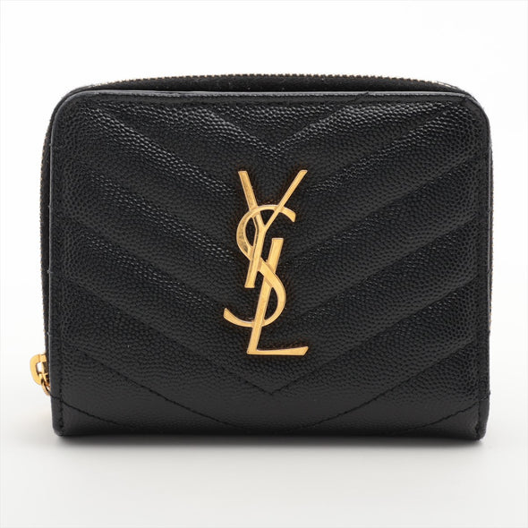 Saint Laurent Black Grained Leather Cassandre Matelasse Compact Zip Around Wallet [Clearance Sale]