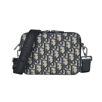 Beige and Black Dior Oblique Jacquard Pouch with Strap