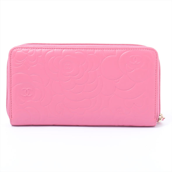 Chanel Pink Camelia Leather Leather Zip Around Wallet [Clearance Sale]