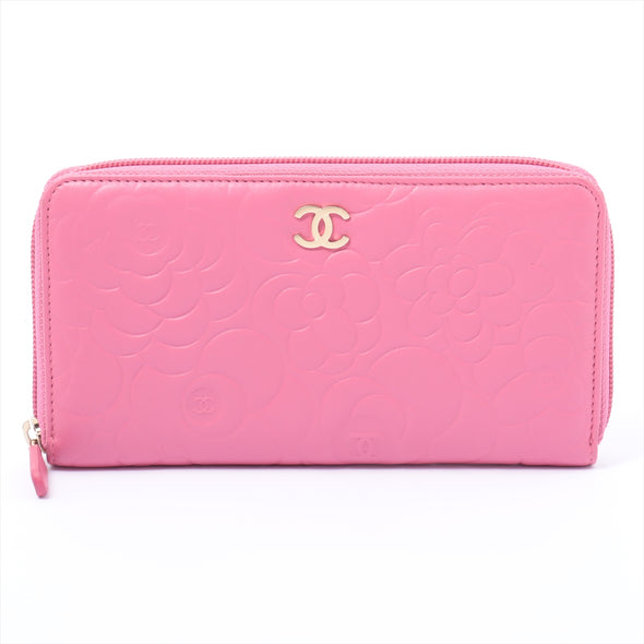 Chanel Pink Camelia Leather Leather Zip Around Wallet [Clearance Sale]