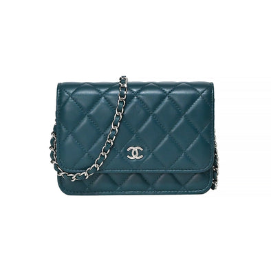 CHANEL CC WOC Chevron Leather Wallet On Chain Crossbody Bag Turquoise